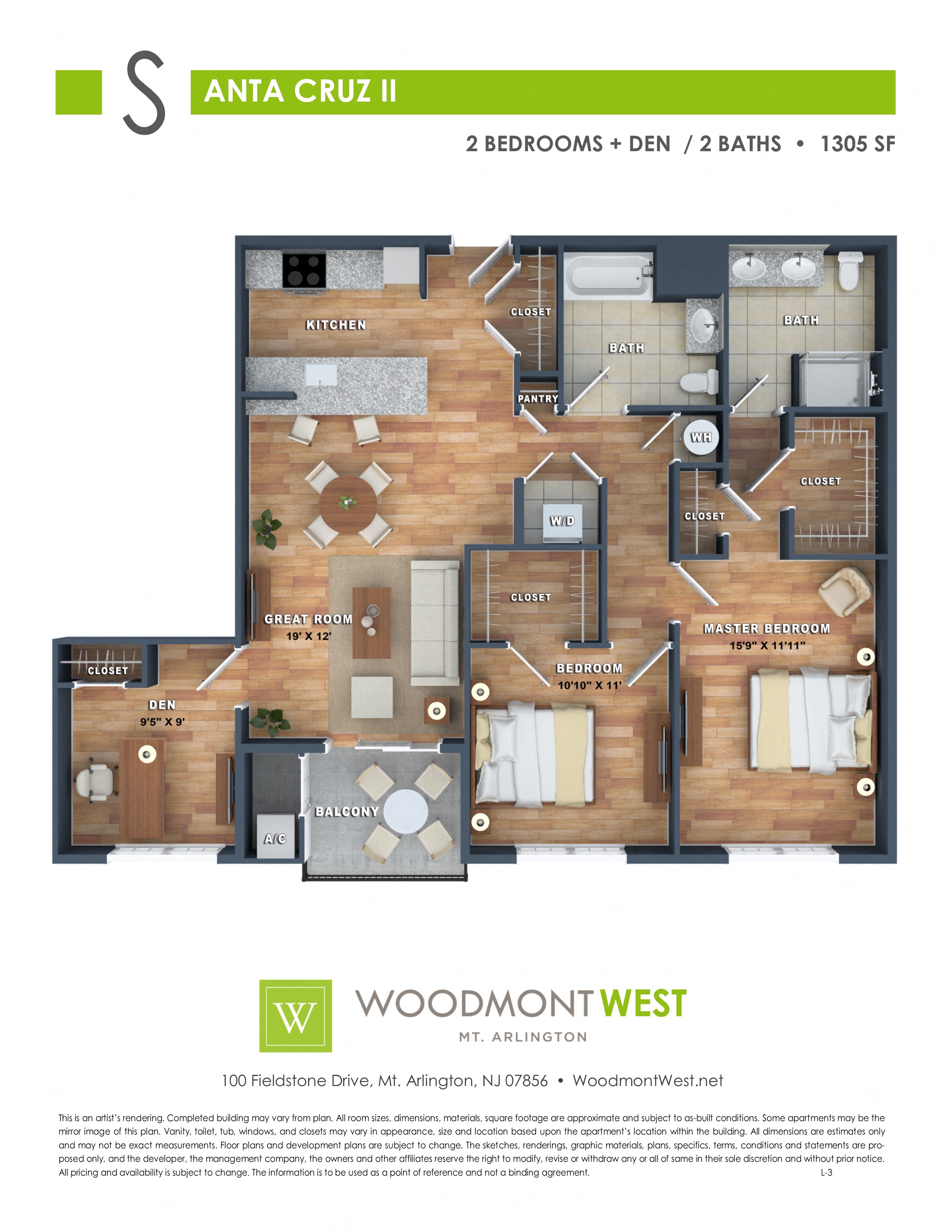 Floor plan for 2 beds, 2 baths, 1305 sqft